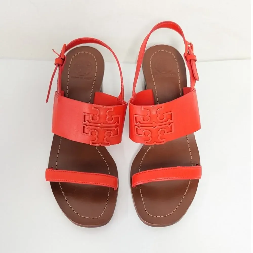 Tory Burch Lowell Orange Red Leather Logo Block Heel Sandals Women's 7M